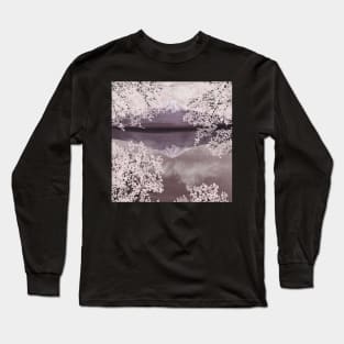 Sakura blooming trees Fuji mountain watercolor illustration Cherry blossom on water landscape Long Sleeve T-Shirt